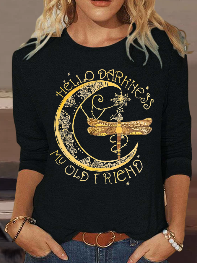 Women's Hello darkness my old friend Painting Casual Cotton-Blend Dragonfly Long Sleeve Shirt