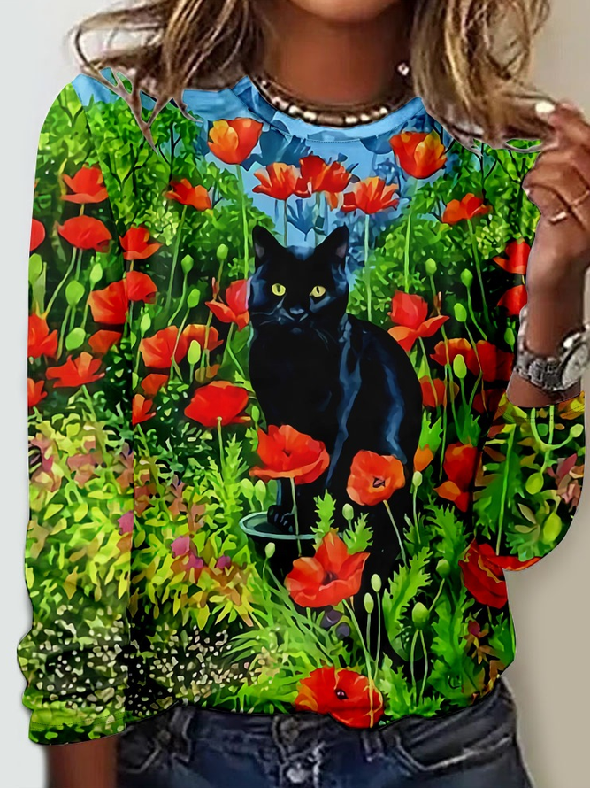 Women's Black Cat Art Print Casual Crew Neck Shirt