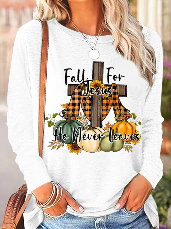 Women's Fall For Jesus He Never Leaves Casual Halloween Cotton-Blend Regular Fit Shirt