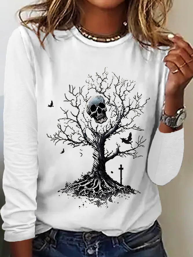 Women's Halloween Tree Skull Casual Regular Fit Crew Neck Shirt