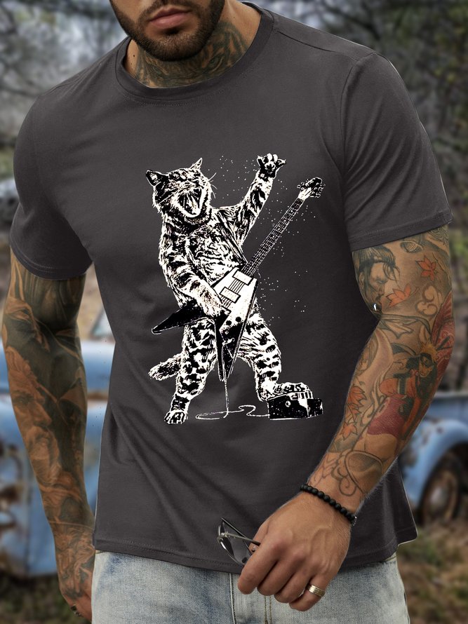 Men’s Rock Cat Animal Casual Crew Neck T-Shirt