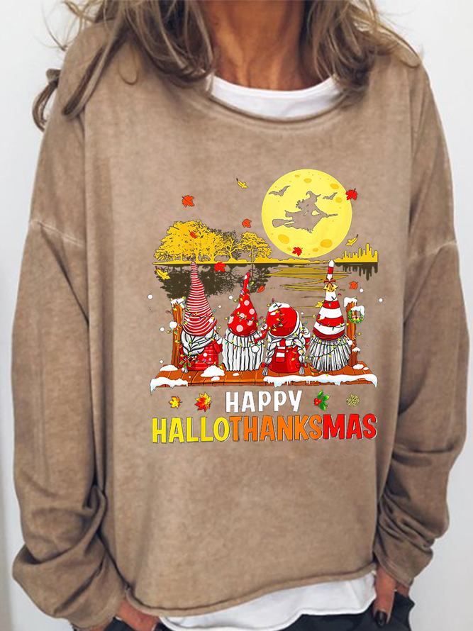 Women's Happy Hallothanksmas Gnomes Simple Loose Text Letters Sweatshirt