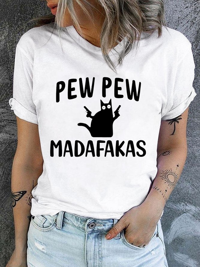 Women‘s Pew Pew Madafakas  Funny Sarcastic Letters Crew Neck Casual T-Shirt
