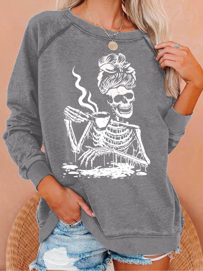 Women's Casual Coffee Drinking Skeleton Lazy Letters  Sweatshirt