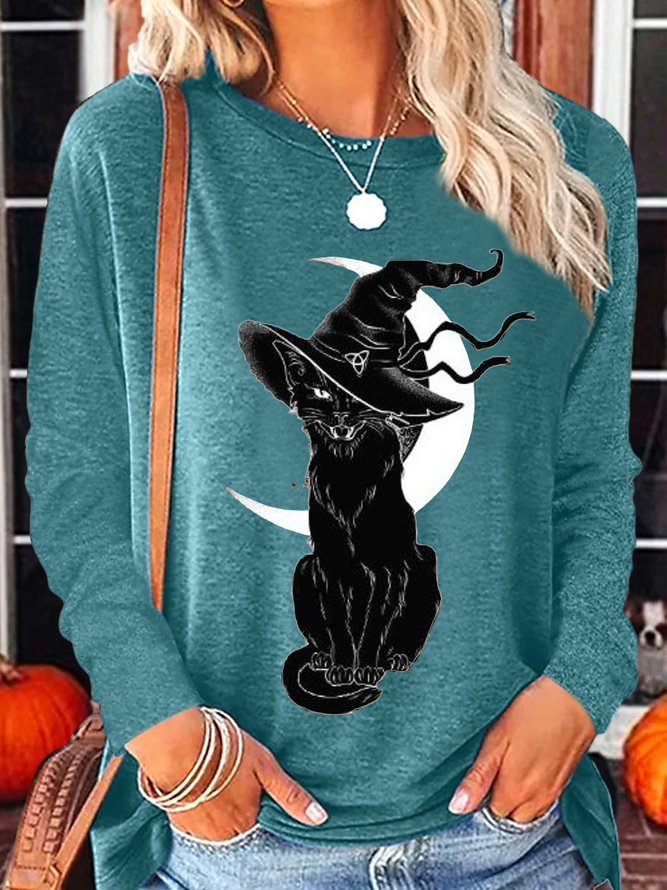 Women's Moon Cat Witch Regular Fit Crew Neck Casual Long Sleeve Shirt