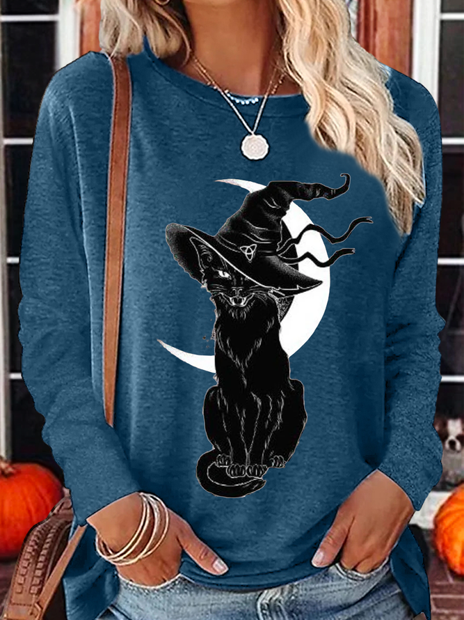 Women's Moon Cat Witch Regular Fit Crew Neck Casual Long Sleeve Shirt