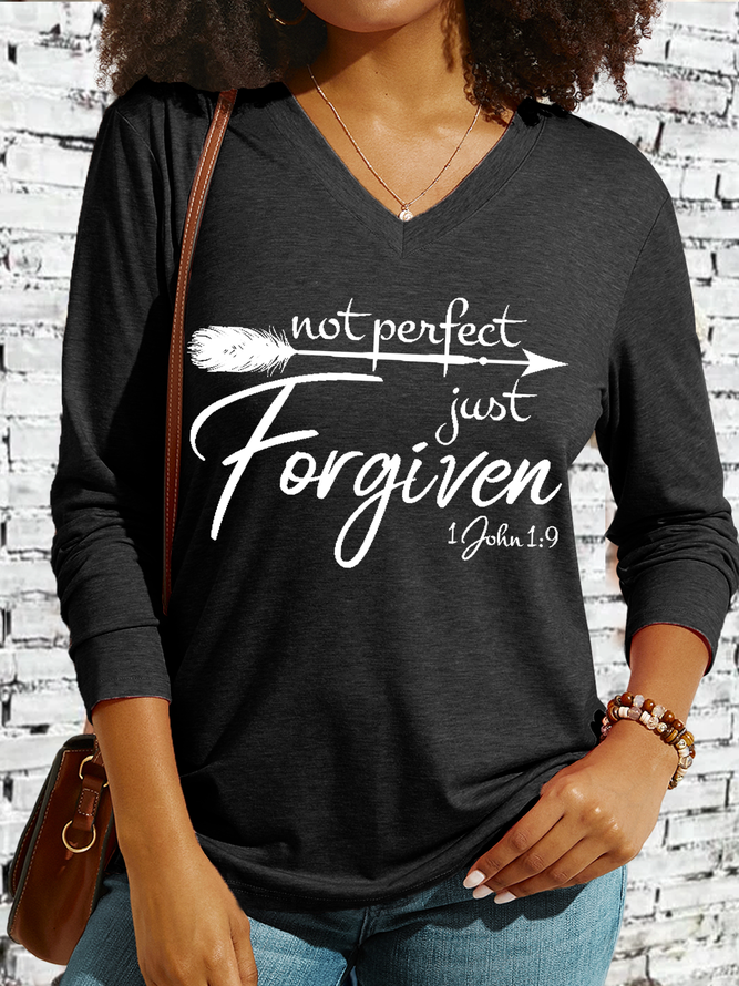 Women's Not Perfect Just Forgiven Casual V Neck Cotton-Blend Long Sleeve Shirt