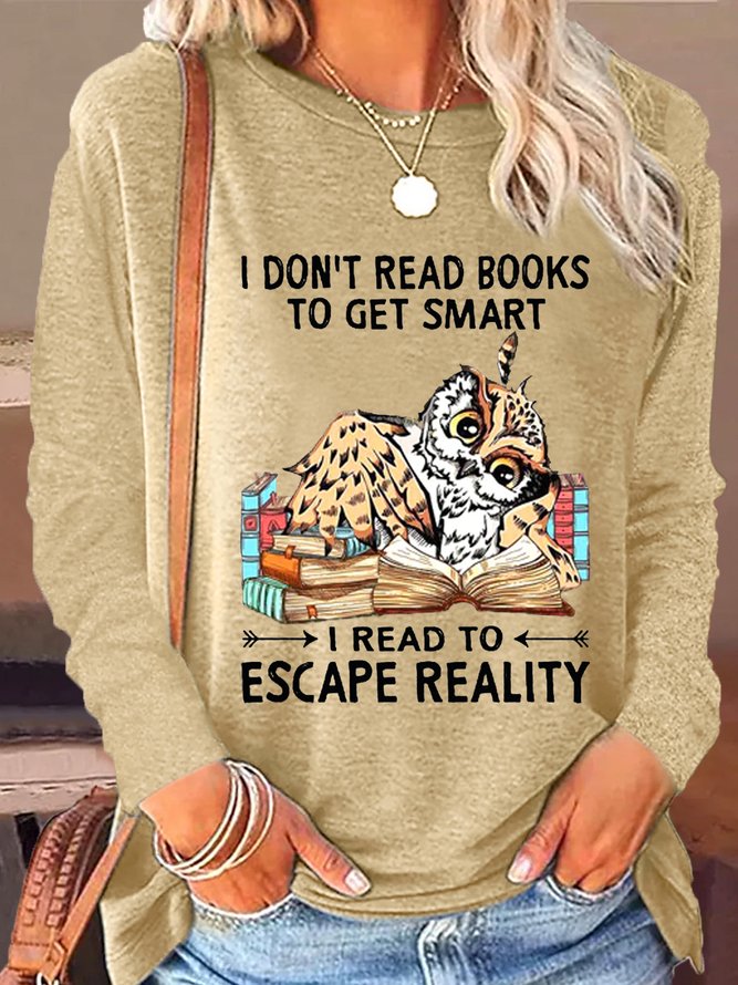 Women's I Don't Read Books Letter Owl Print Letters Casual Crew Neck Shirt