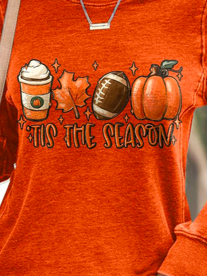 Casual Halloween Football Tis The Season Pumpkin Maple Leaf Print Sweatshirt