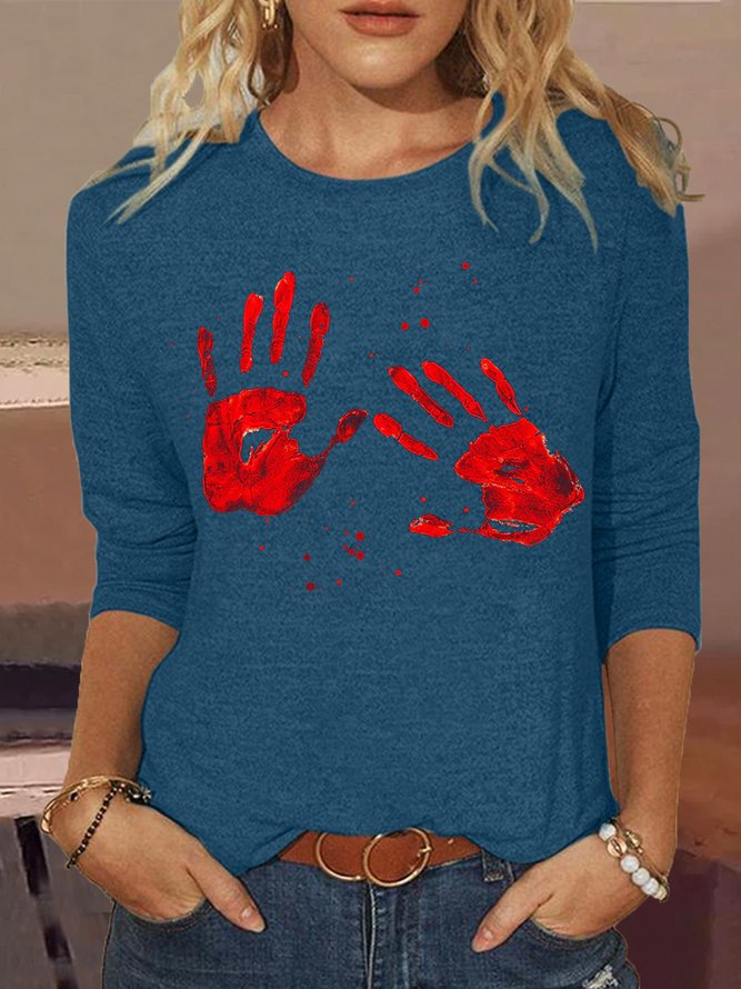 Women's Blood Hand Print Halloween Casual Regular Fit Crew Neck Shirt
