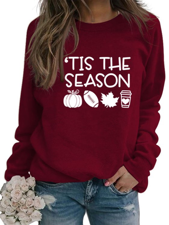 Women's Everyday Casual Tis The Season Slogan Loose Crew Sweatshirt