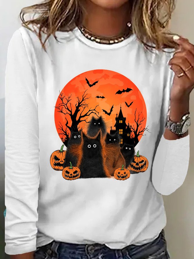 Women's Halloween Black Cats Pumpkin Crew Neck Casual Shirt