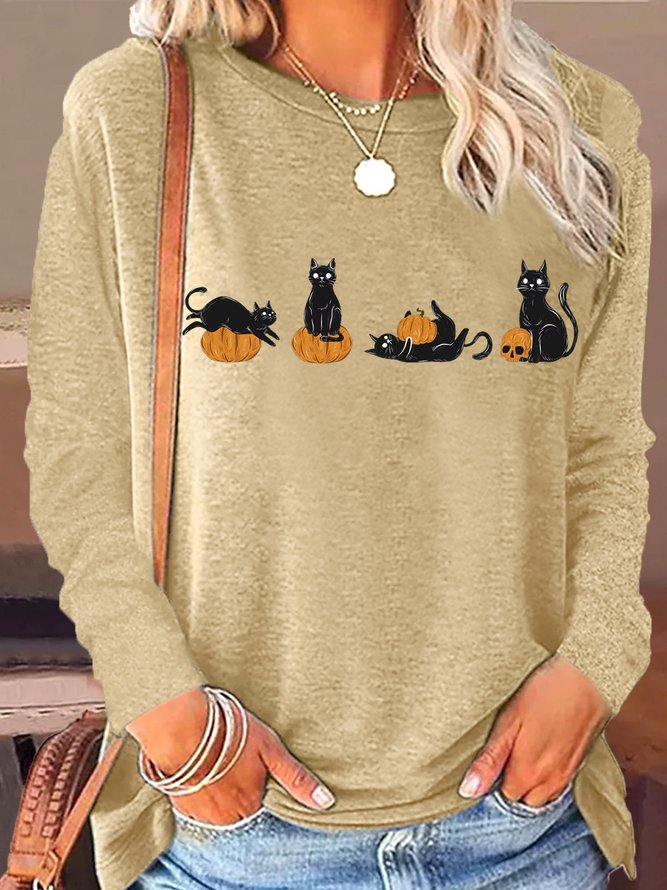 Women's Cool Halloween Cat Casual Crew Neck Shirt