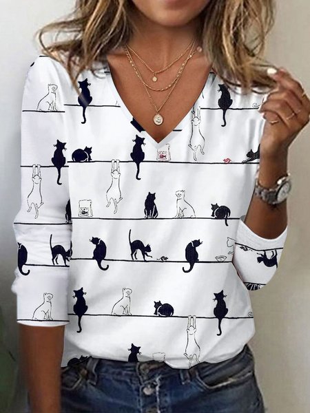 Cat Casual V Neck Knitted T-Shirt