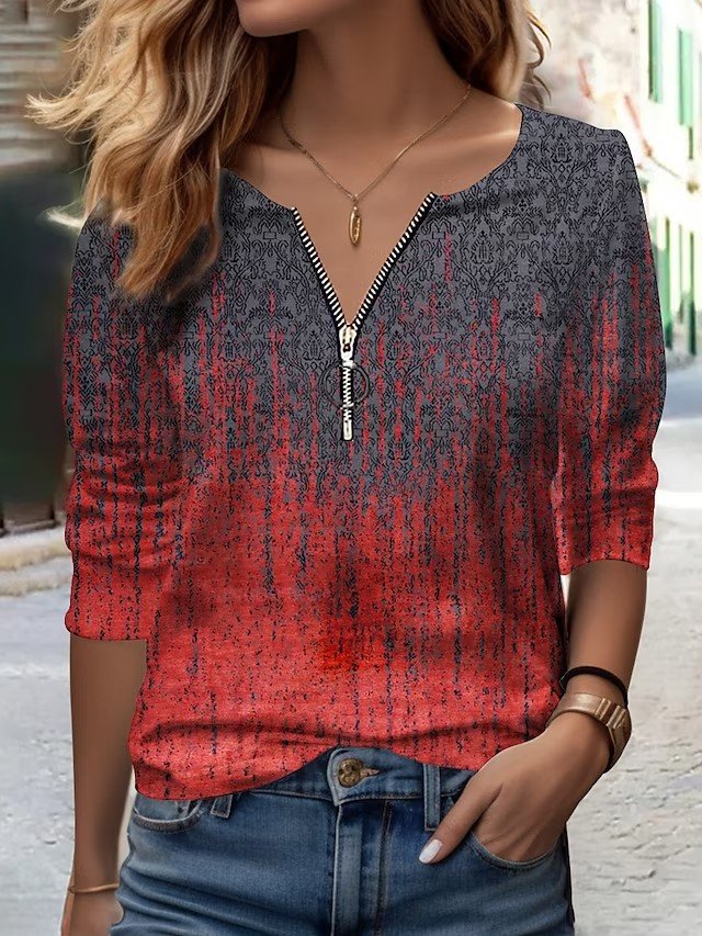 Casual V Neck Gradient Pattern Loose Shirt