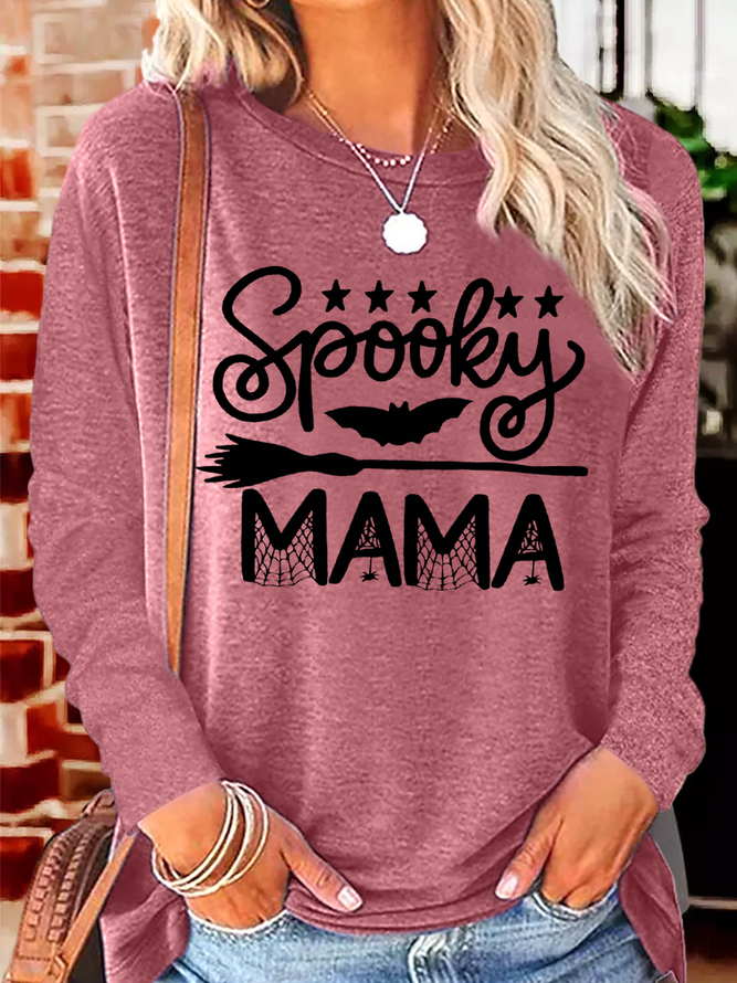 Women's Halloween Spooky Mama Crew Neck Casual Long Sleeve Shirt