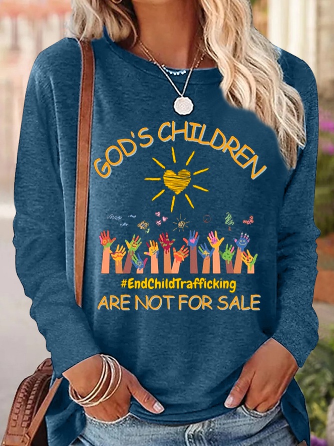 Women's God's Children Are Not For Sale Print Crew Neck Casual Long Sleeve Shirt