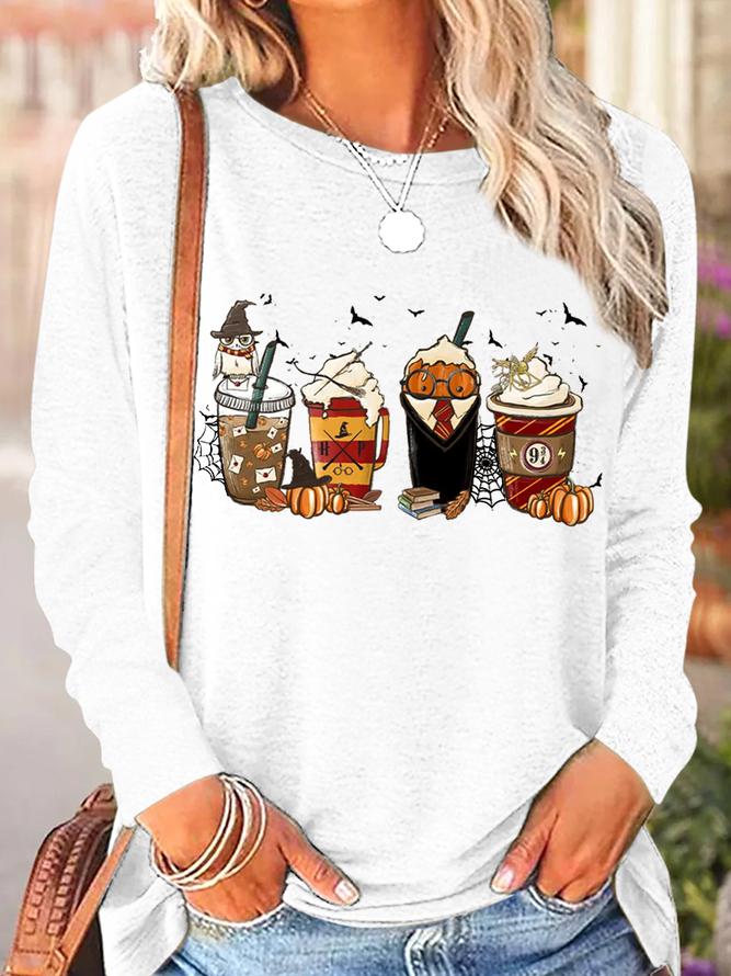 Women's Latte Coffee Halloween Witch School Casual Long Sleeve Shirt