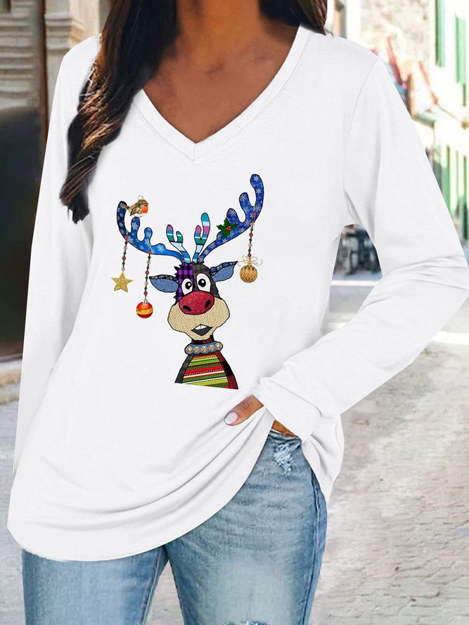 Casual V Neck Loose Christmas Snowman T-Shirt