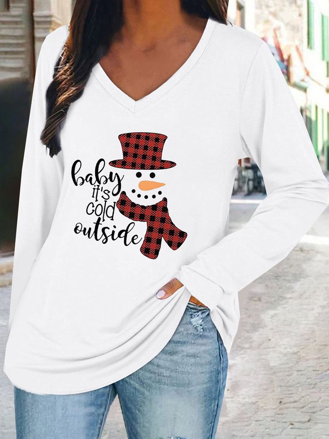 Casual V Neck Loose Christmas Snowman T-Shirt