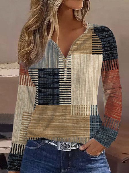 Casual Notched Plaid Knitted T-Shirt