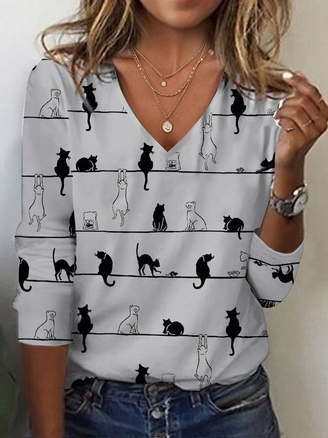 Cat Casual V Neck Knitted T-Shirt