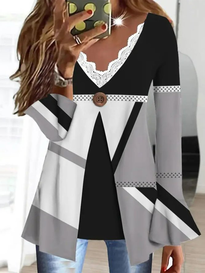 Abstract Graphic Loose Elegant Flare Sleeve V Neck Shirt