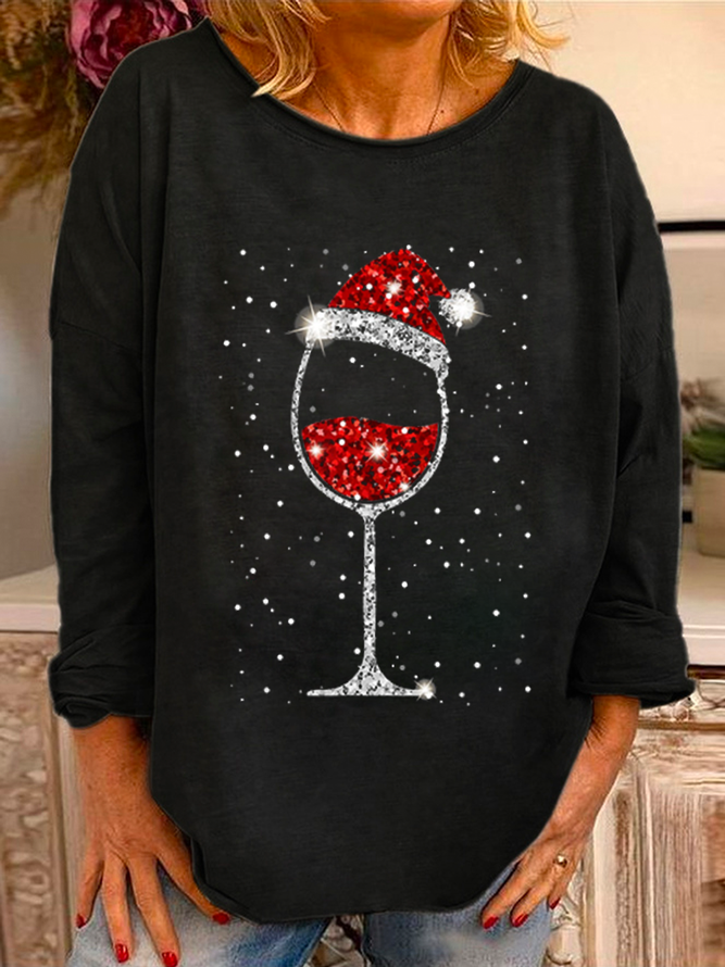 Women's Cotton-Blend Christmas Wine Casual Crew Neck Sweatshirt