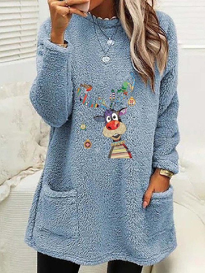 Fluff/Granular Fleece Fabric Crew Neck Casual Christmas Sweatshirt