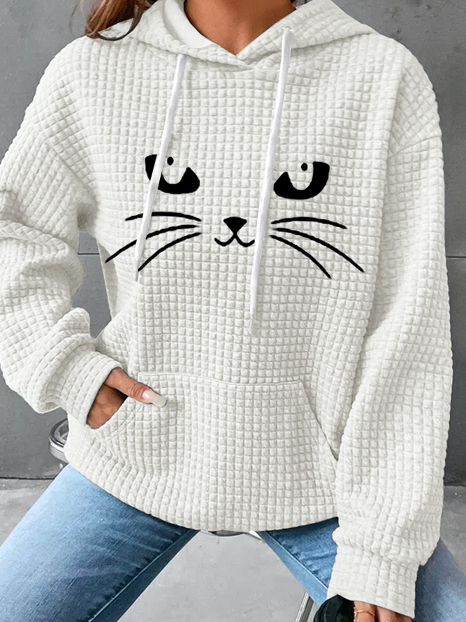 Cotton-Blend Simple Funny Cat Hoodie