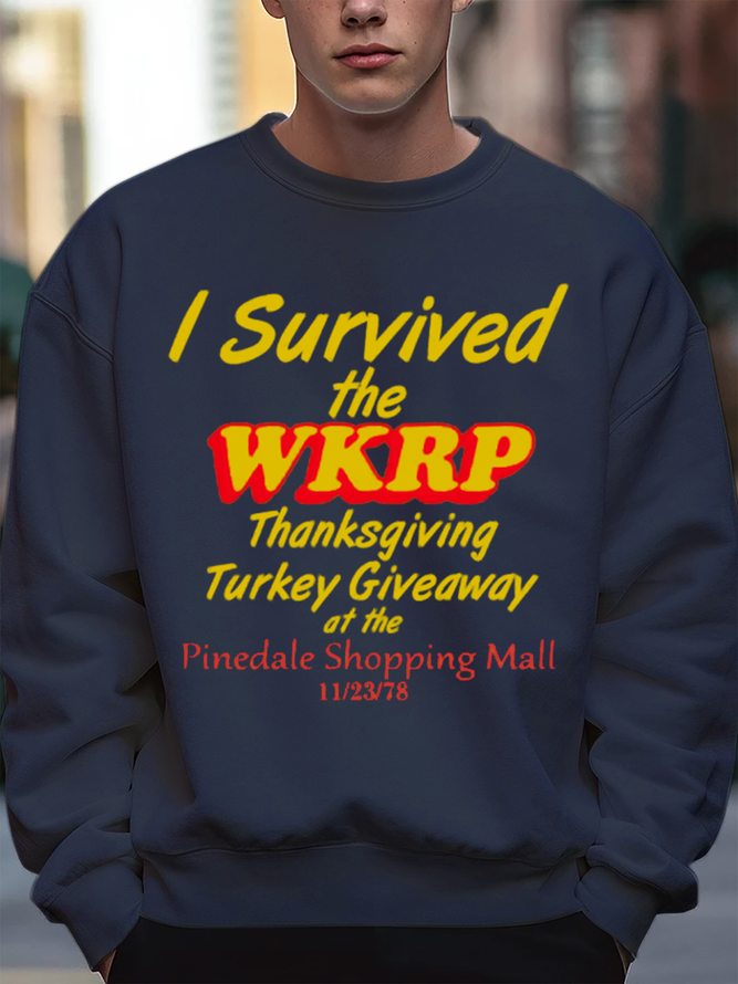 WKRP Turkeys Away Casual Loose Text Letters Crew Neck Sweatshirt