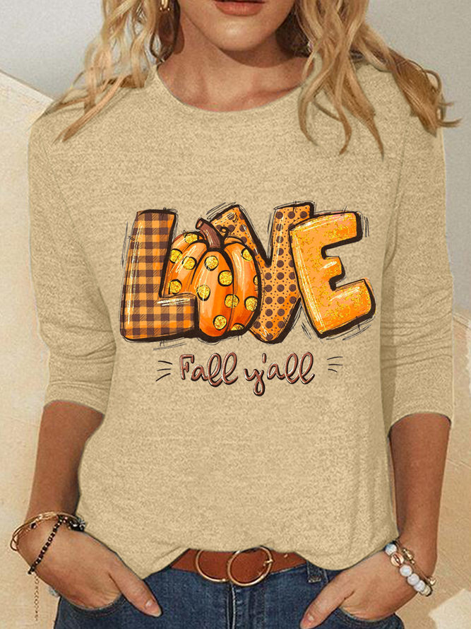 Love Fall Y'all Crew Neck Cotton-Blend Casual Text Letters Long Sleeve Shirt