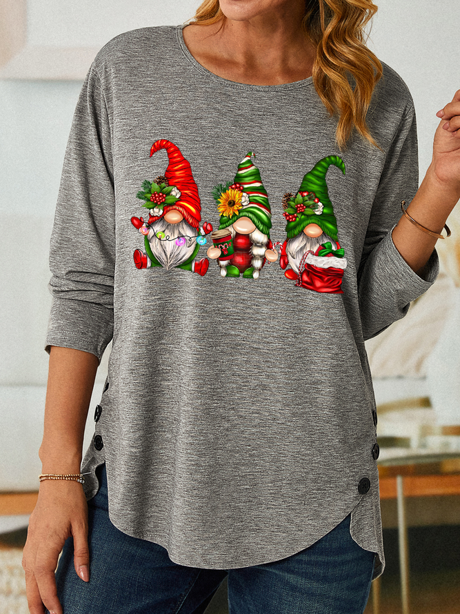 Christmas Gnomes Crew Neck Cotton-Blend Casual Shirt