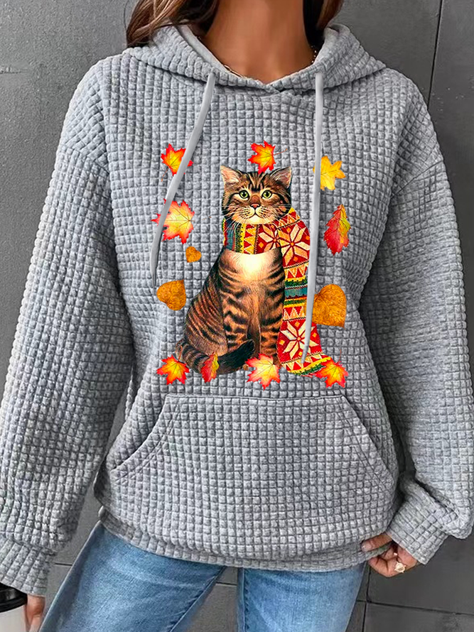 Women's Fall Cat Print Cotton-Blend Casual Cat Hoodie