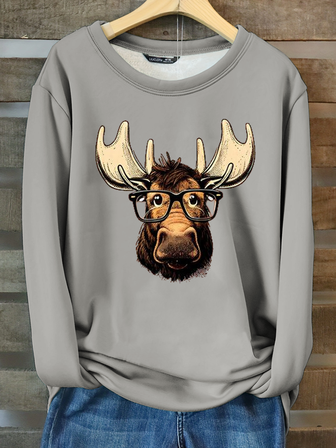 Cute Moose Print Casual Crew Neck Cattle Sweatshirt