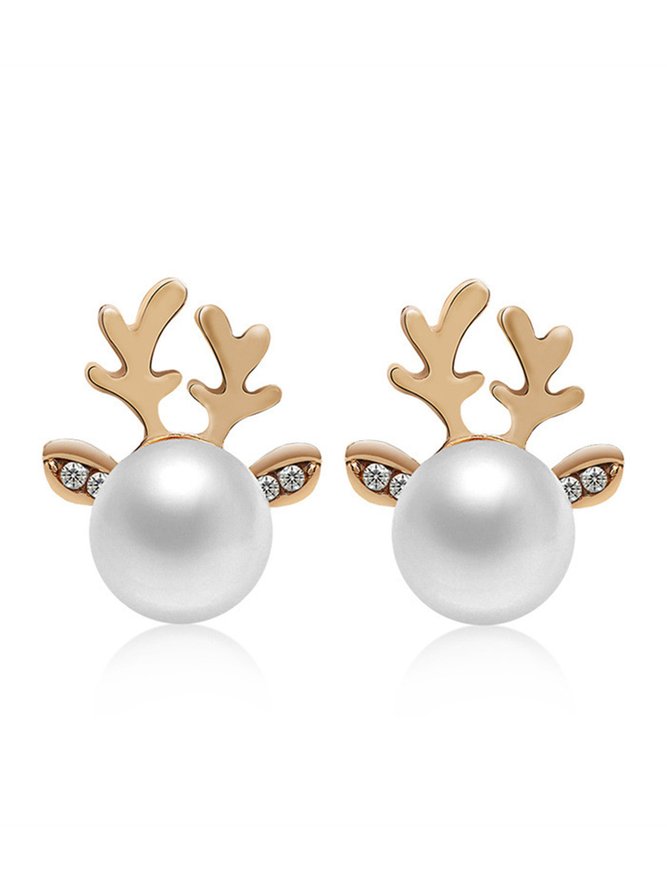Christmas Elegant Imitation Pearl Antler Rhinestone Stud Earrings