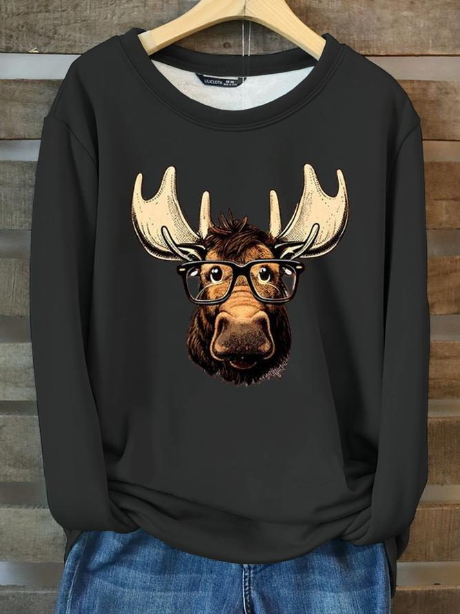 Cute Moose Print Casual Crew Neck Cattle Sweatshirt