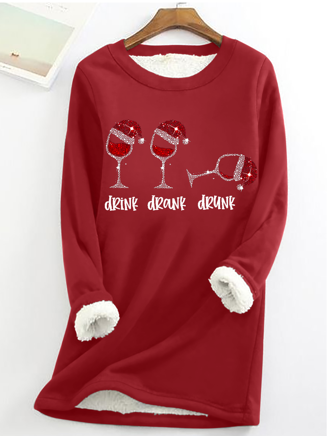 Casual Crew Neck Regular Fit Christmas Wine Glass Fleece Sweatshirt