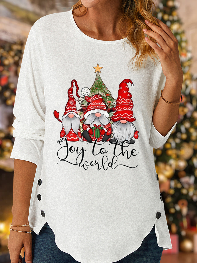 Joy To The World Gnome Casual Text Letters Cotton-Blend Long Sleeve Shirt