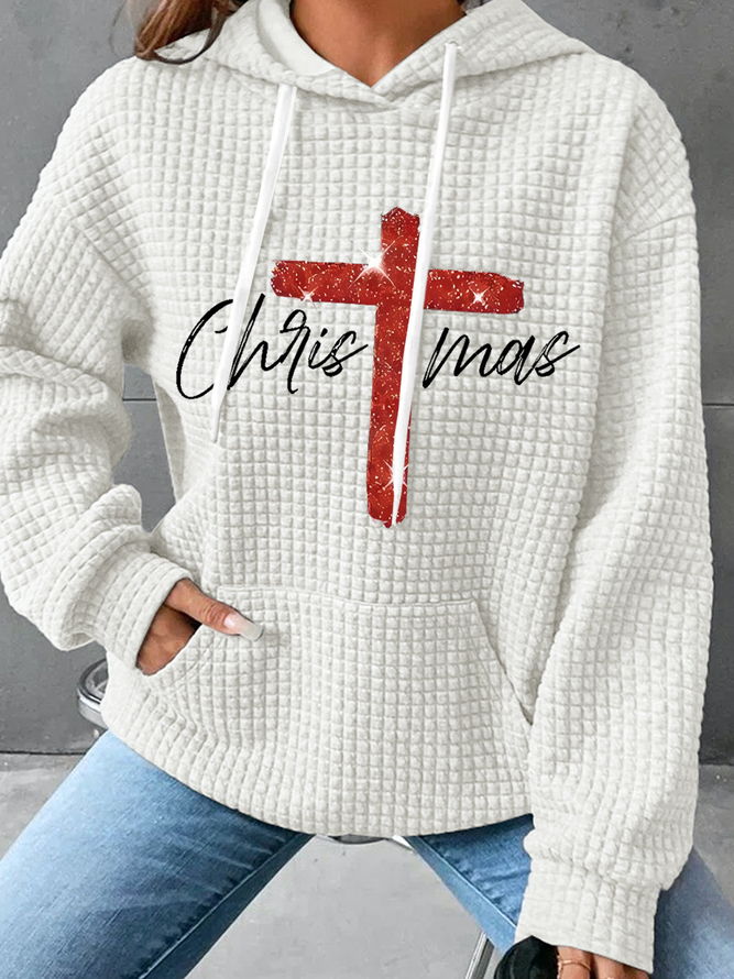 Retro Christmas Faith Cross Print Text Letters Loose Casual Hoodie Hoodie