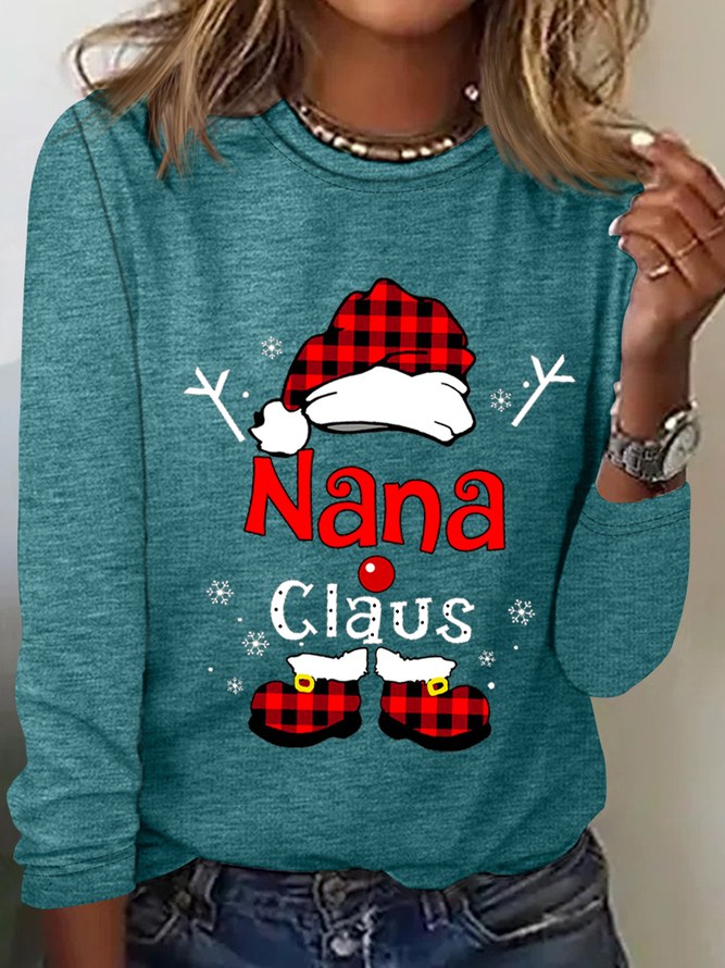 Christmas Grandma Claus Snowflake Crew Neck Simple Long Sleeve Shirt