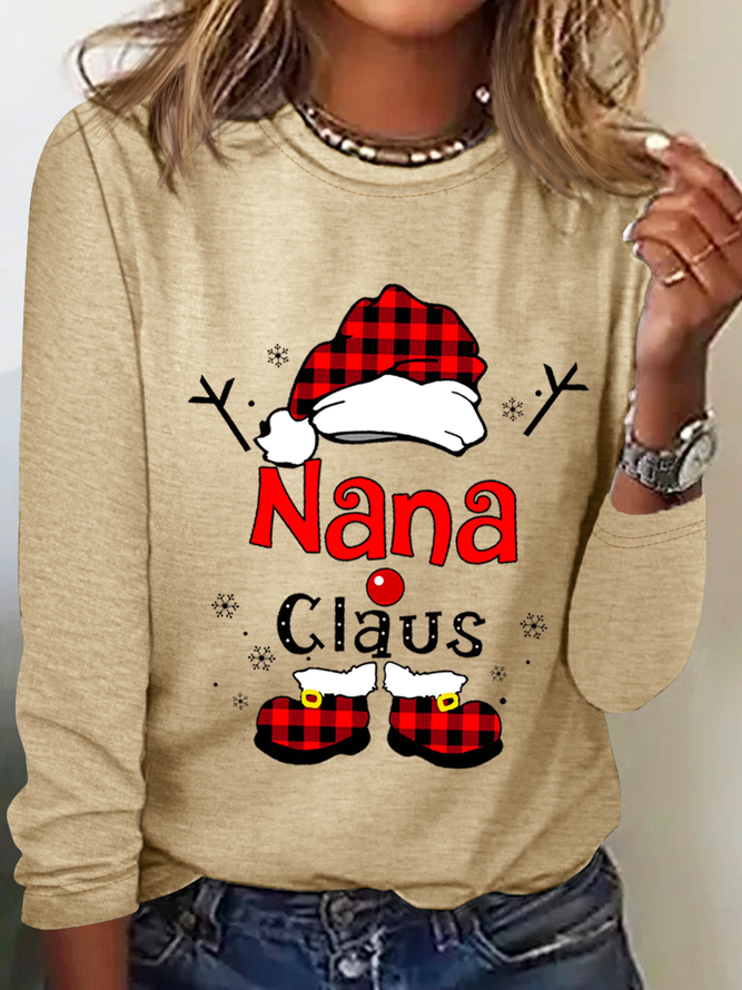 Christmas Grandma Claus Snowflake Crew Neck Simple Long Sleeve Shirt