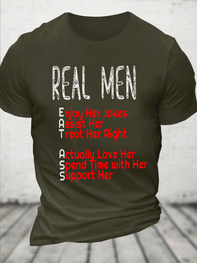 Cotton Real Men Eat Ass Funny Casual Crew Neck Text Letters T-Shirt