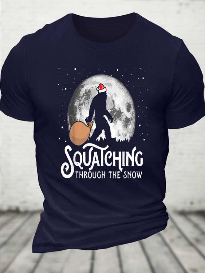 Cotton Squatching Through The Snow Funny Casual Crew Neck T-Shirt