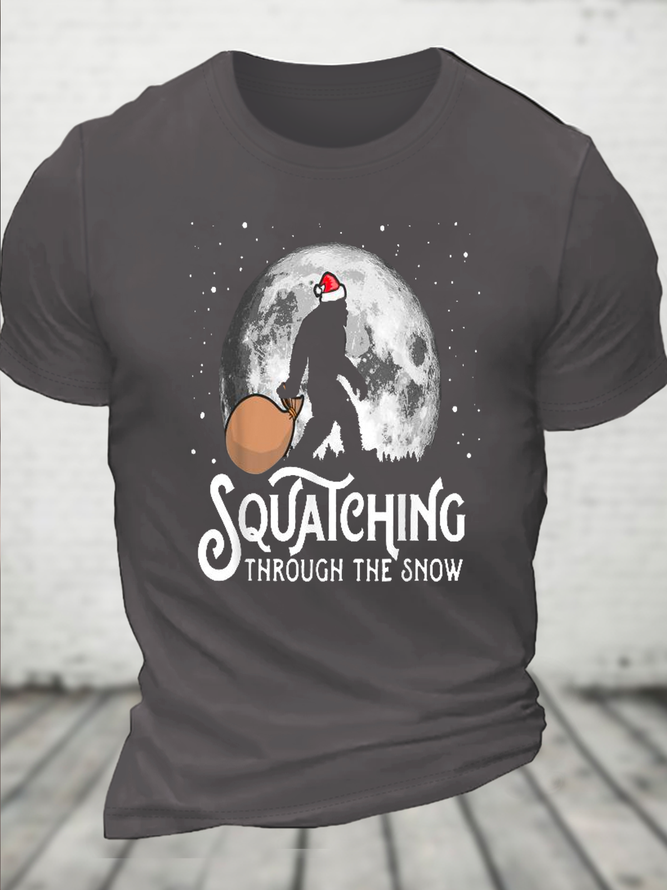 Cotton Squatching Through The Snow Funny Casual Crew Neck T-Shirt