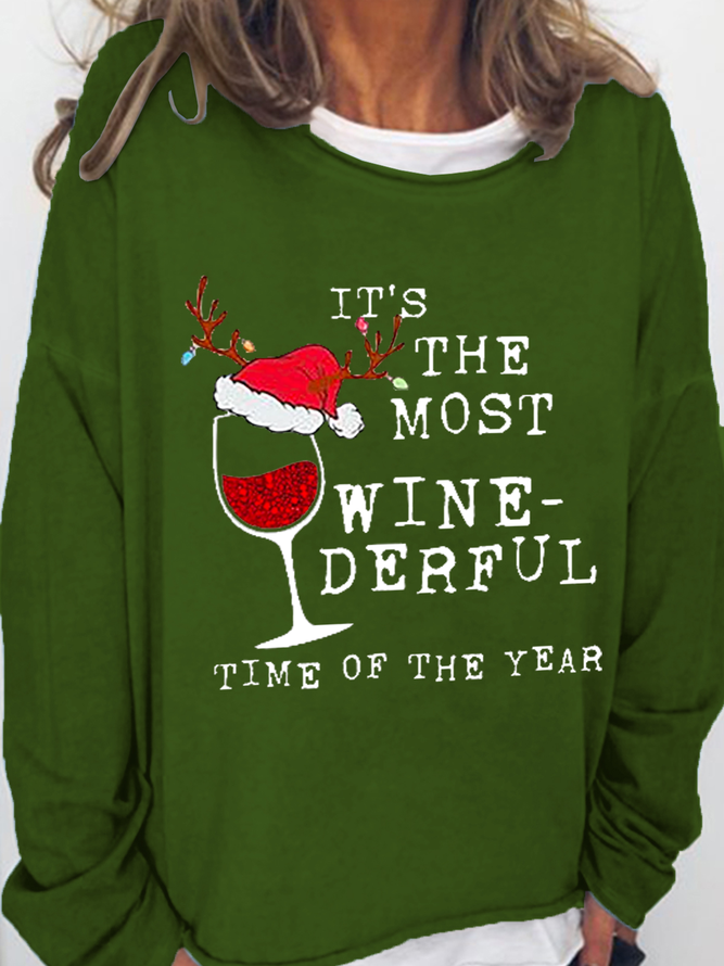 Women's Funny It‘s The Most Wine-Derful Time Of The Year Christmas Snowflake Casual Crew Neck Sweatshirt