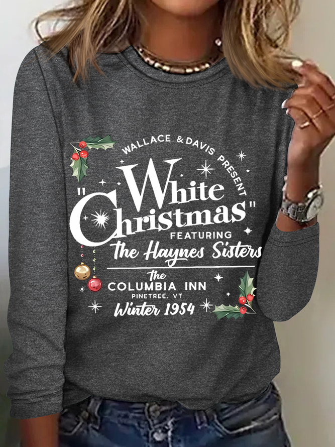 Women'S White Christmas Print Simple Text Letters Cotton-Blend Long Sleeve Shirt