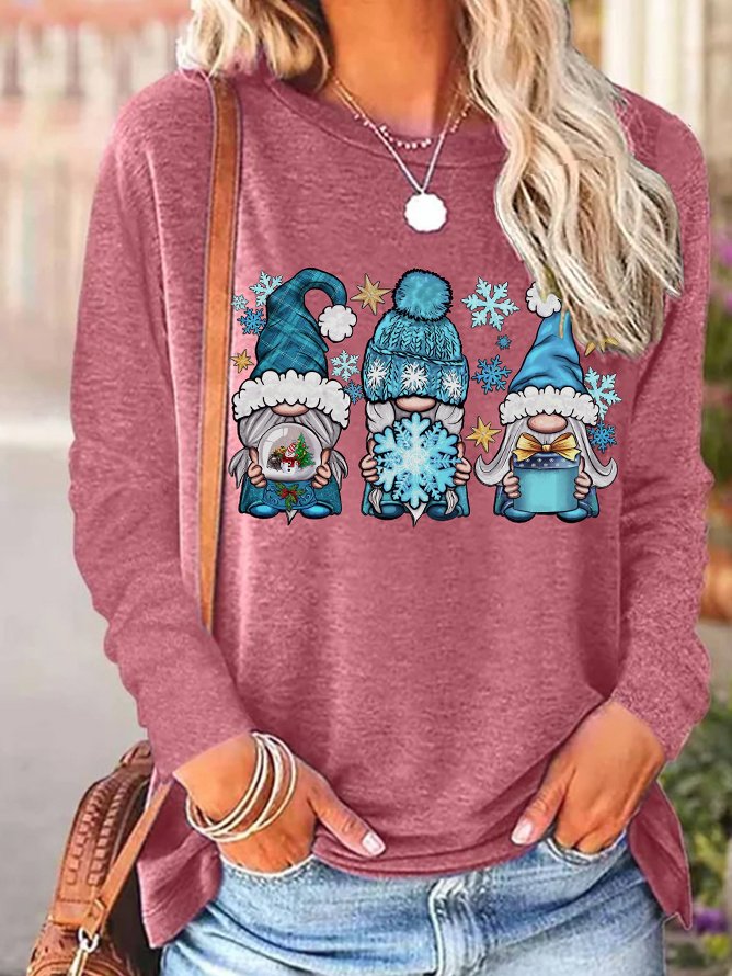 Women's Christmas Gnome Graphic Print Crew Neck Casual Regular Fit Long Sleeve Top