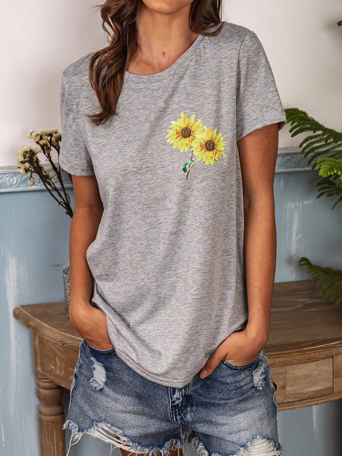 Sunflower Print Short Sleeve Gray Summer Tees T-shirt