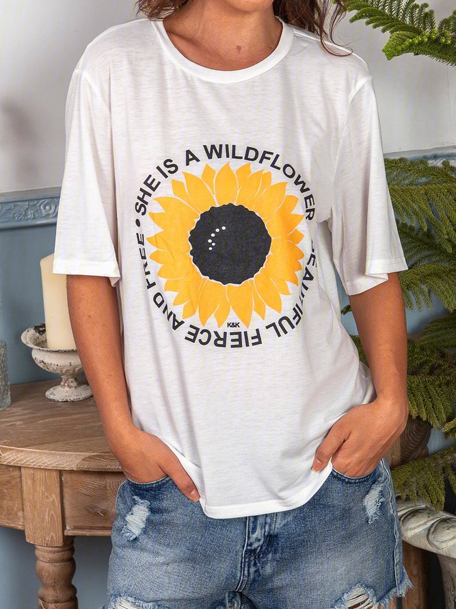 Sunflower Print Letter Tee Short Sleeve White Summer T-shirt